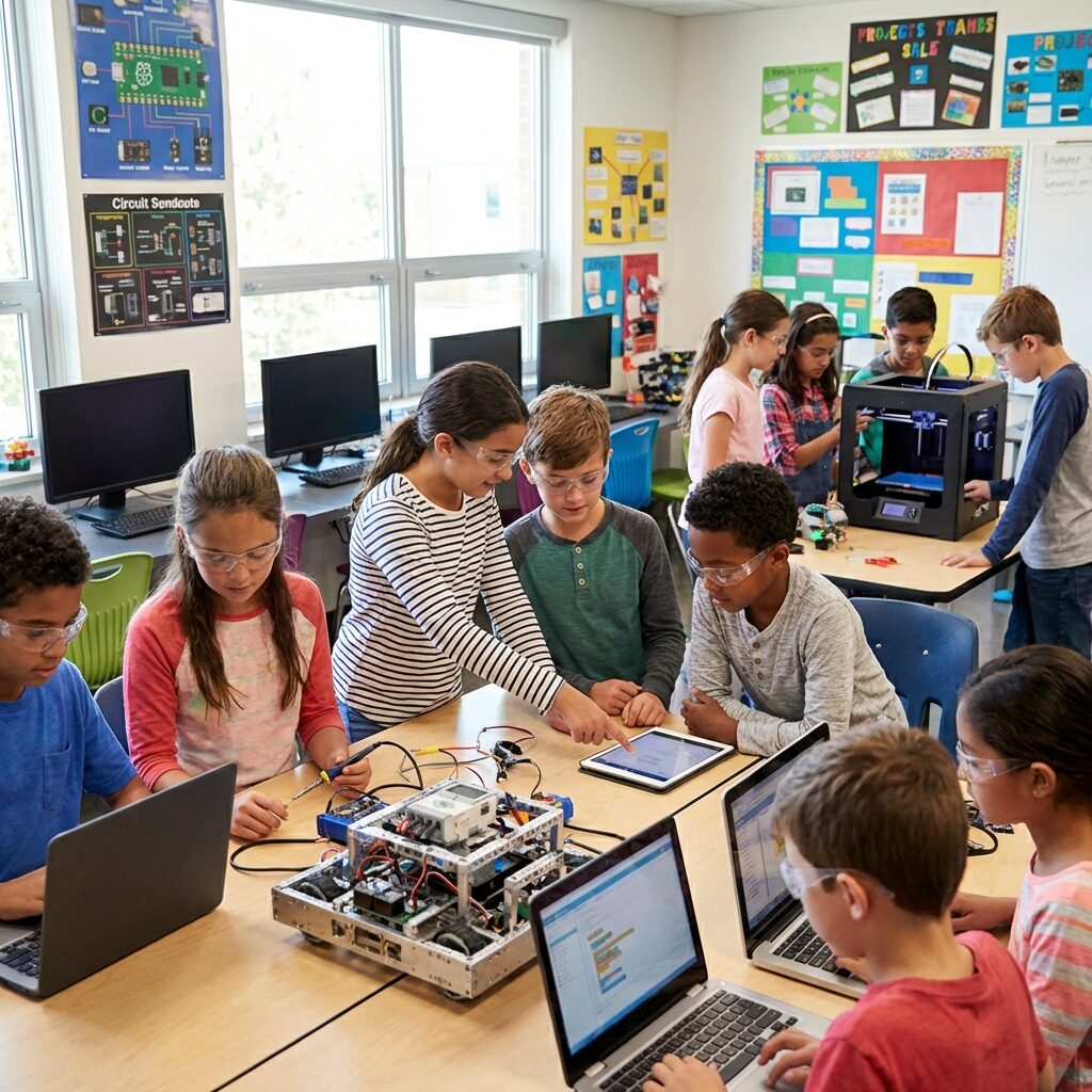 Students building robots