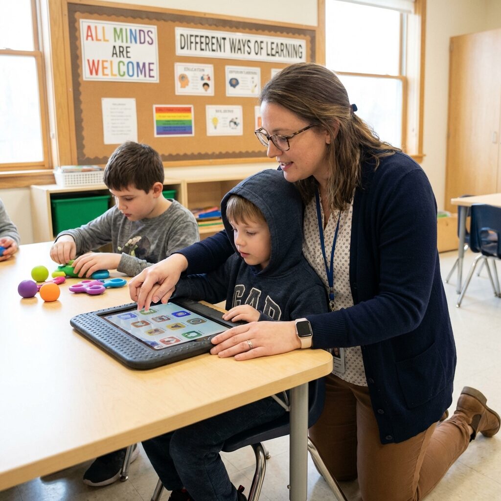 Teacher supporting student with tablet